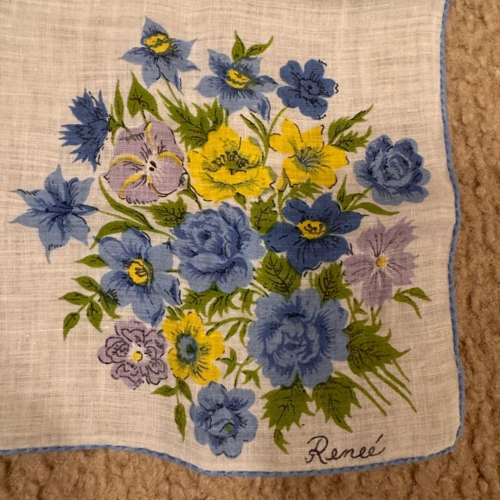 Vintage 1950's Renee Signed‎ Floral Handkerchief Blue Yellow Flowers White Linen